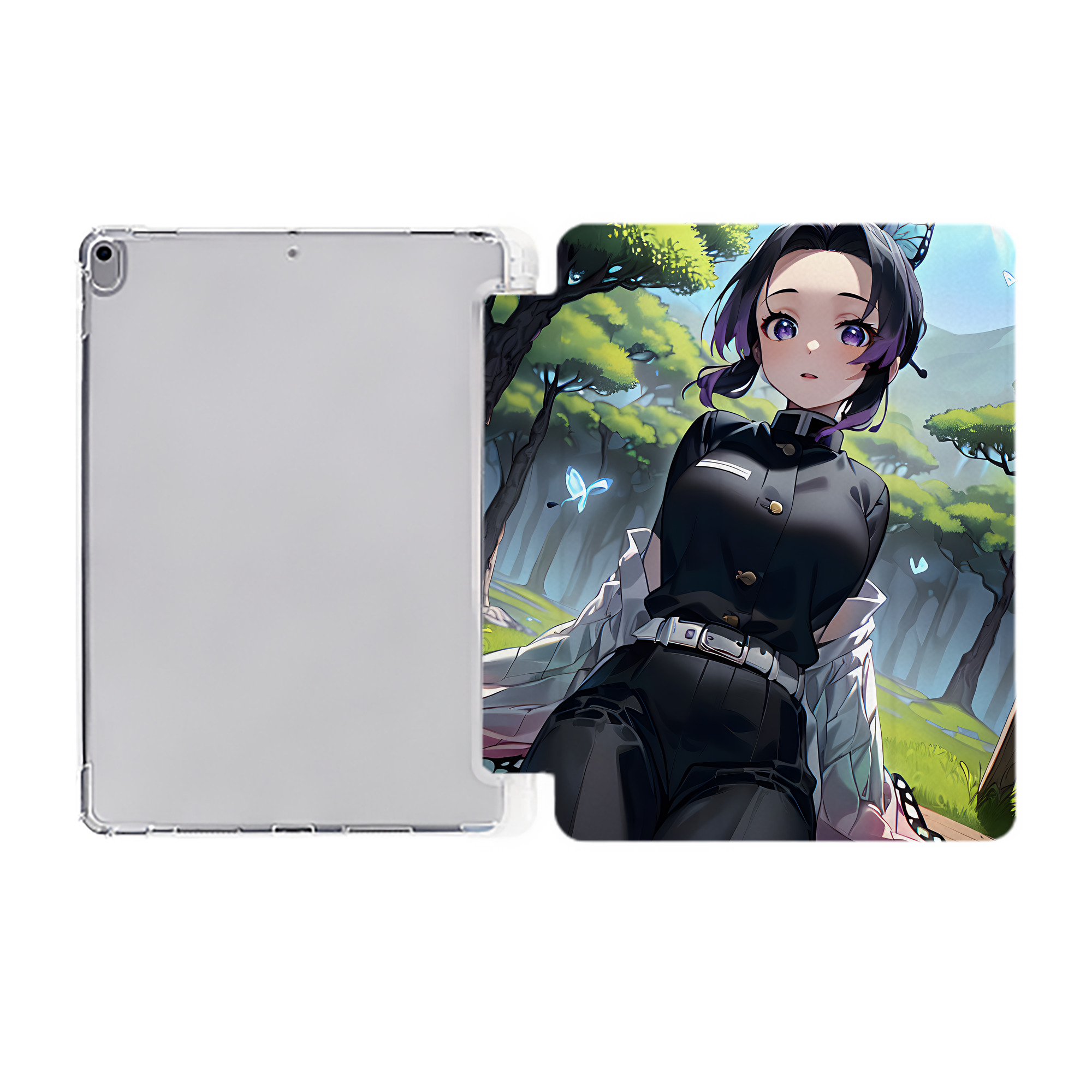 （画像用） 鬼滅の刃（きめつのやいば）蟲柱-胡蝶 しのぶ／こちょう しのぶ Kochou Shinobu IPad ケース ペン収納付き 三つ折りスタンド PUレザー×シリコン 対応機種9.5/10.5/10.9インチ